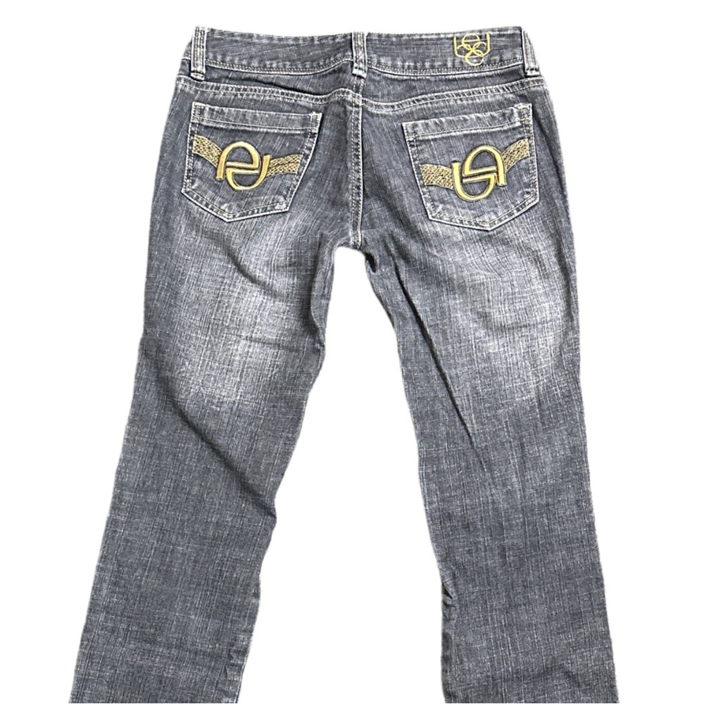 Y2K BEBE womens grey faded lowrise slim straight jeans with gold embroidery, 27"